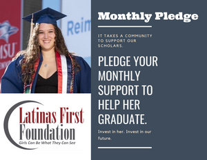 Picture of latina college graduate in cap and gown soliciting monthly donations for scholarships